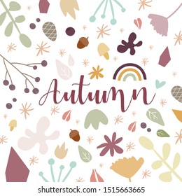 Autumn background. Hand drawn elements with autumnal colors on white background. Fruits, seeds, flowers, leaves, mushrooms,  pinecones, branch, rainbow. Vector illustration, flat design