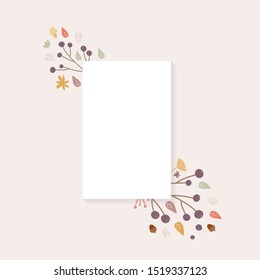 Autumn background. Hand drawn elements frame with autumnal colors on cream background. Fruits, seeds, flowers, leaves, mushrooms, branch, acorns around a rectangle. Vector illustration, flat design