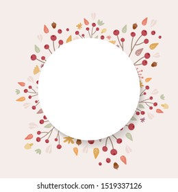 Autumn background. Hand drawn elements frame with autumnal colors on cream background. Fruits, seeds, flowers, leaves, mushrooms, branch, acorns around a circle. Vector illustration, flat design