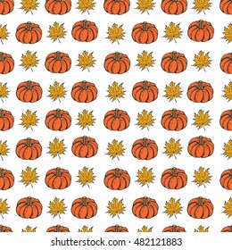Autumn background. Hand drawn seamless pattern with leaves and pumpkin. Vector design elements for greeting card and print, halloween theme. 