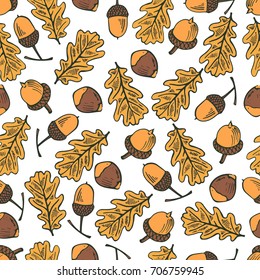 Autumn background. Hand drawn seamless pattern with forest leaves and nuts. Vector design elements for greeting cards and prints. 
