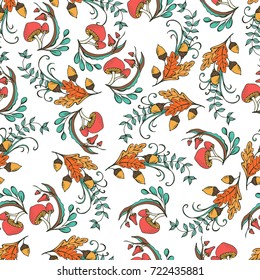 Autumn background. Hand drawn seamless pattern with autumn mushrooms, leaves and acorns. Vector natural elements for greeting cards and holiday prints. 