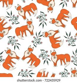 Autumn background. Hand drawn seamless pattern with wild foxes and floral elements. Vector natural design for greeting cards and holiday prints. 