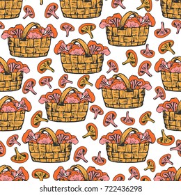 Autumn background. Hand drawn seamless pattern with autumn mushrooms, baskets. Vector natural elements for greeting cards and holiday prints. 