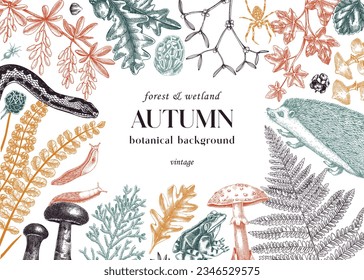 Autumn background. Hand-drawn vector illustration. Woodland animals, ferns, mushrooms, fall leaves, and autumn plant sketches. Vintage banner, autumn card, design template