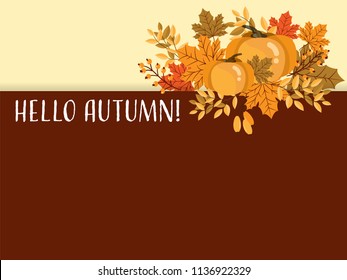 Autumn background with Happy Autumn text with autumn leaves and pumpkin.