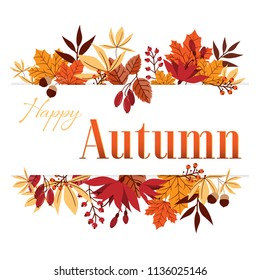 Autumn background with Happy Autumn text on autumn leaves frame.