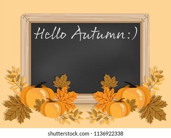 Autumn background with Happy Autumn text on blackboard with autumn leaves and pumpkin frame.