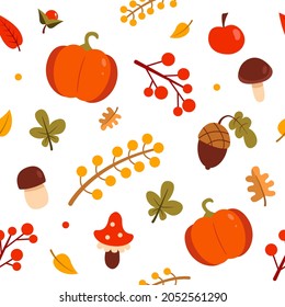 Autumn background with harvest: berries, mushrooms, pumpkin, leaves. Vector illustration.