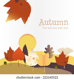 Autumn background with Harvest Moon. Hand drawn vector illustration of stylized landscape in bright colors, featuring the rising Harvest Moon behind trees and hills, on white background.