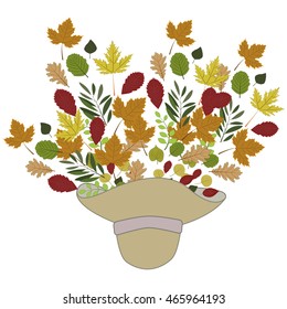 Autumn background with a hat and leaves. Vector. Autumn leaves illustration.