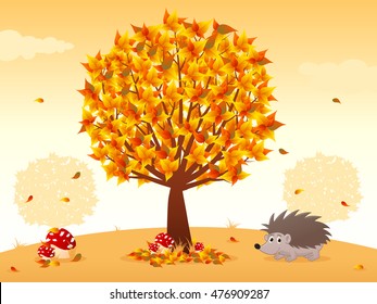 Autumn Background with Hedgehog, Fall Tree and Mushrooms. 
