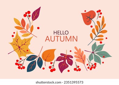 Herbsthintergrund .Hallo Herbst.Hintergrund mit Herbstblättern und Asche. Webbanner. Vektorgrafik.