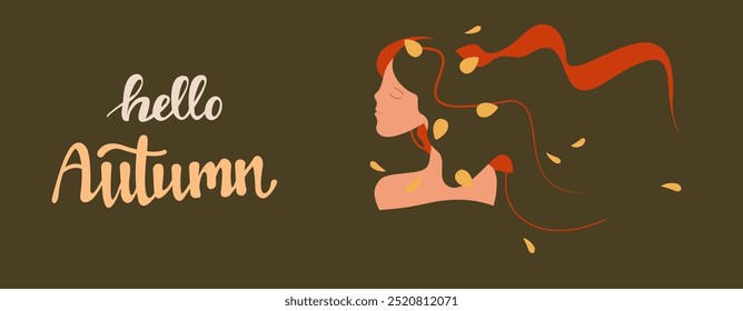 Autumn background. Hello Autumn. The image of Autumn as a beautiful smiling girl with lush curls, fallen leaves, drops of water. Autumn color palette. Rectangular vector illustration in naive style