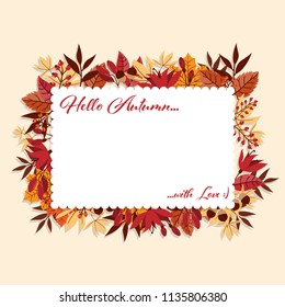 Autumn background with Hello Autumn text on autumn leaves frame.
