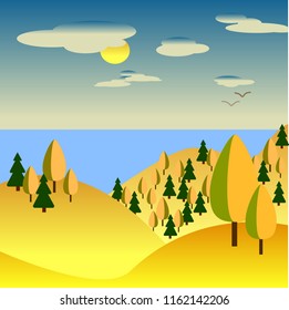 autumn background, hills, yellow trees, sea, blue sky