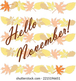 Autumn background with horizontal lines of fallen leaves and text in the center.