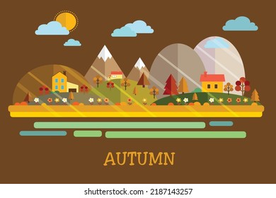 Autumn background houses trees clouds icons multicolored design.