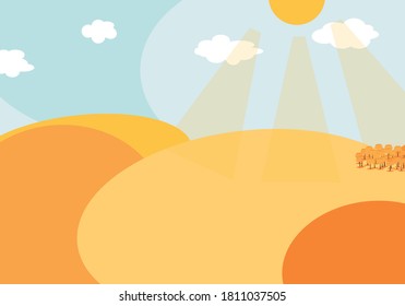 Autumn background illustration with orange fields and blue sky