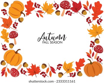 Autumn background illustration vector. Flat background of autumn. Autumn banner with orange leaves, pumpkin and mushroom.