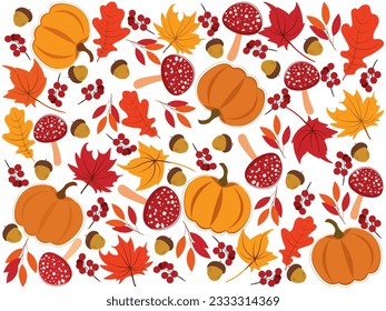 Autumn background illustration vector. Flat background of autumn. Autumn banner with orange leaves, pumpkin and mushroom.