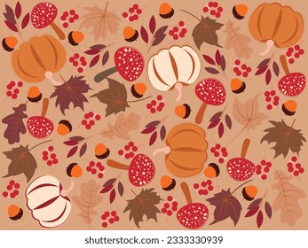 Autumn background illustration vector. Flat background of autumn. Autumn banner with orange leaves, pumpkin and mushroom.