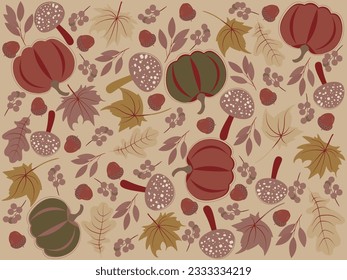 Autumn background illustration vector. Flat background of autumn. Autumn banner with orange leaves, pumpkin and mushroom.