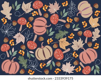 Autumn background illustration vector. Flat background of autumn. Autumn banner with orange leaves, pumpkin and mushroom.