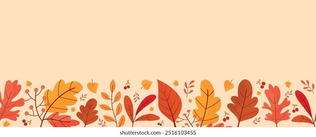 Autumn background illustration vector. Flat background of autumn. Autumn banner with golden maple and oak leaves. Happy September, hello autumn, fall in love