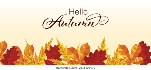 Autumn background illustration vector. Flat background of autumn. Autumn banner with golden maple and oak leaves. Happy September, hello autumn, fall in love