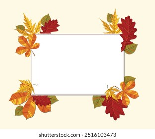 Autumn background illustration vector. Flat background of autumn. Autumn banner with golden maple and oak leaves. Happy September, hello autumn, fall in love