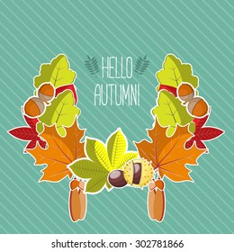 Autumn background for invitation or ad template with wreath from leaves, seeds and nuts. 