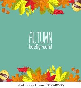 Autumn background for invitation or ad template with wreath from leaves, seeds and nuts.