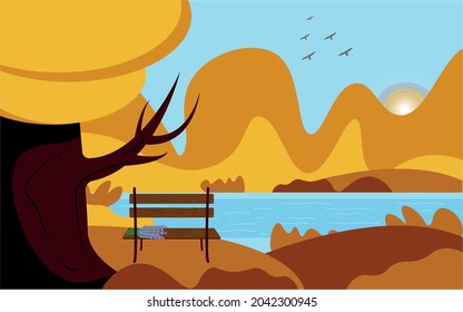 Autumn background of the lake. Autumn park with a bench on which a bouquet of lavender.