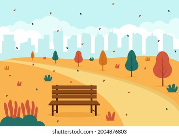 Autumn Background Landing Page Illustration Falling Leaves and Leaf Flying on the Grass. Landscape Trees With Yellow Foliage In Fall Season