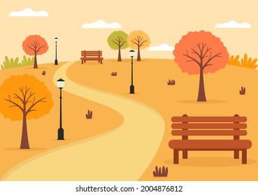 Autumn Background Landing Page Illustration Falling Leaves and Leaf Flying on the Grass. Landscape Trees With Yellow Foliage In Fall Season