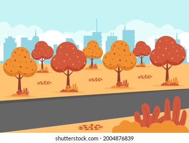 Autumn Background Landing Page Illustration Falling Leaves and Leaf Flying on the Grass. Landscape Trees With Yellow Foliage In Fall Season