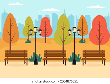 Autumn Background Landing Page Illustration Falling Leaves and Leaf Flying on the Grass. Landscape Trees With Yellow Foliage In Fall Season