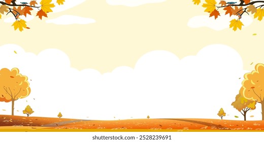 Autumn background, Landscape Autumnal with Maple Orange,Yellow Leaves,Forest Trees on Hill, White Cloud on Sky Blue Background,Vector Cute Fall Nature templates for Thanksgiving poster,invitation,card