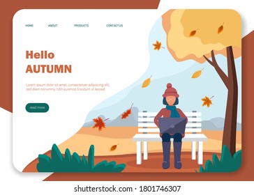 Autumn background. Landscape illustration with character exploring autumn forest.