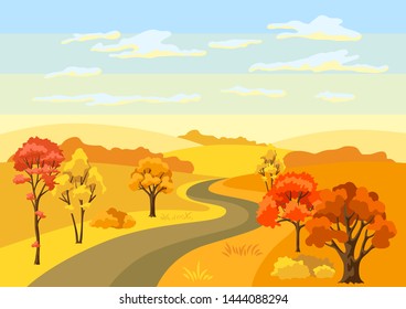 Autumn background with landscape and stylized trees. Natural illustration.