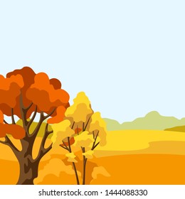 Autumn background with landscape and stylized trees. Natural illustration.