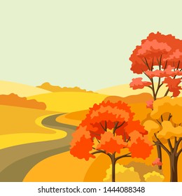 Autumn background with landscape and stylized trees. Natural illustration.