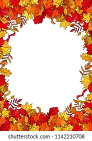 Autumn Background Layout Frame with Falling Leaves. Poster or Card. Maple Rowan, Oak, Hawthorn, Birch. Red, Orange and Yellow. Realistic Hand Drawn High Quality Vector Illustration. Doodle Style.