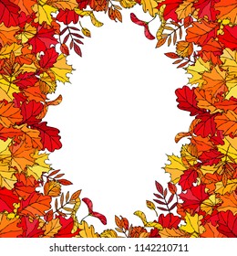 Autumn Background Layout Frame with Falling Leaves. Poster or Card. Maple Rowan, Oak, Hawthorn, Birch. Red, Orange and Yellow. Realistic Hand Drawn High Quality Vector Illustration. Doodle Style.