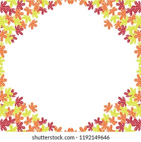 Autumn Background Layout Frame with Falling Leaves. Poster or Card. Maple Rowan, Oak, Hawthorn, Birch. Red, Orange and Yellow. Realistic Hand Drawn High Quality Vector Illustration. Doodle Style.