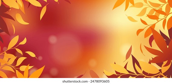 Autumn background with leaf fall horizontal banner. Thanksgiving and Harvest Day. Maple leaves border and bokeh. Vector illustration