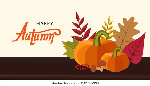 Autumn background with leaf and pumpkin for shopping sale Banner for promotion discount season. Vector illustration template. Thanksgiving backdrop