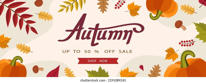 Autumn background with leaf for shopping sale Banner for promotion discount season. Vector illustration template. Thanksgiving backdrop