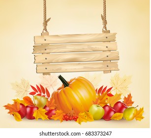 Autumn background with leave and vegetable and wooden sign. Vector.